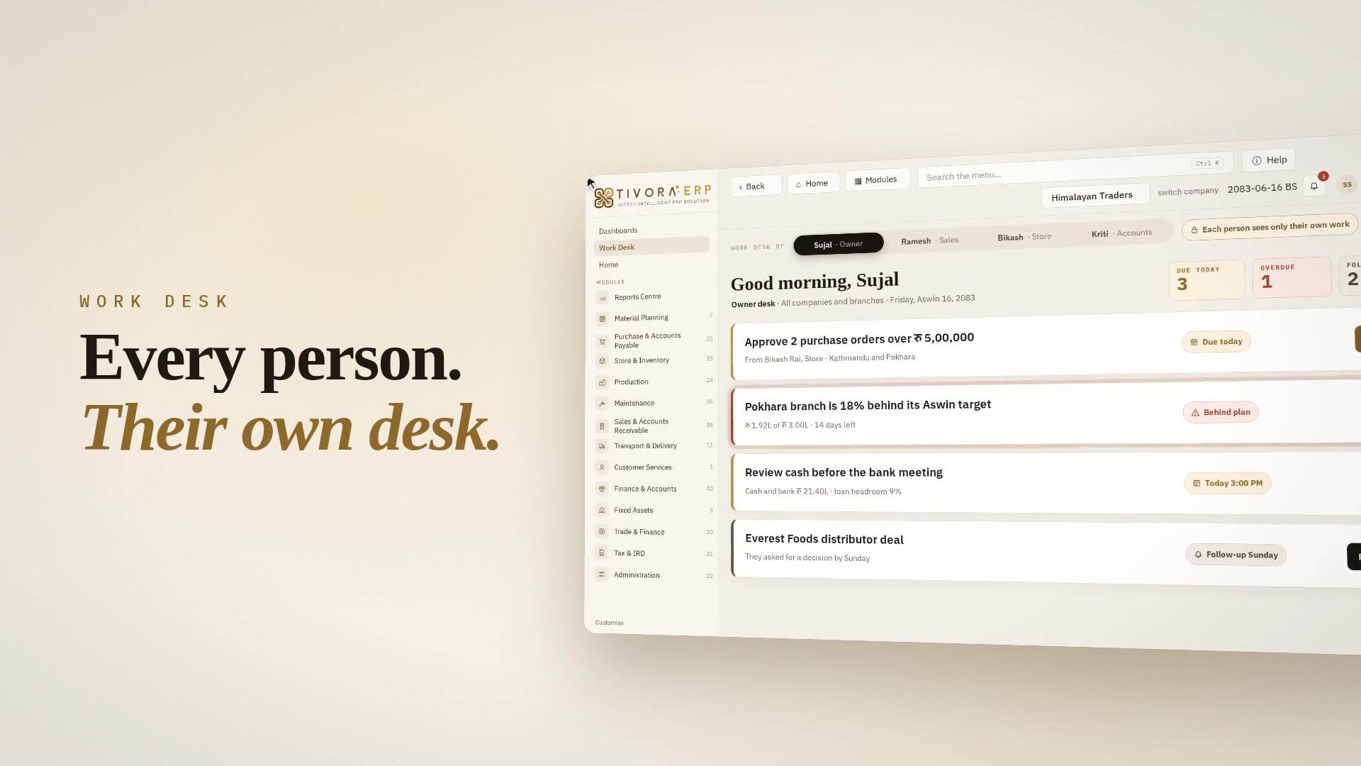 TiVora ERP film, 2:04: the Work Desk, every branch live, one entry for the whole chain, dashboards and access control