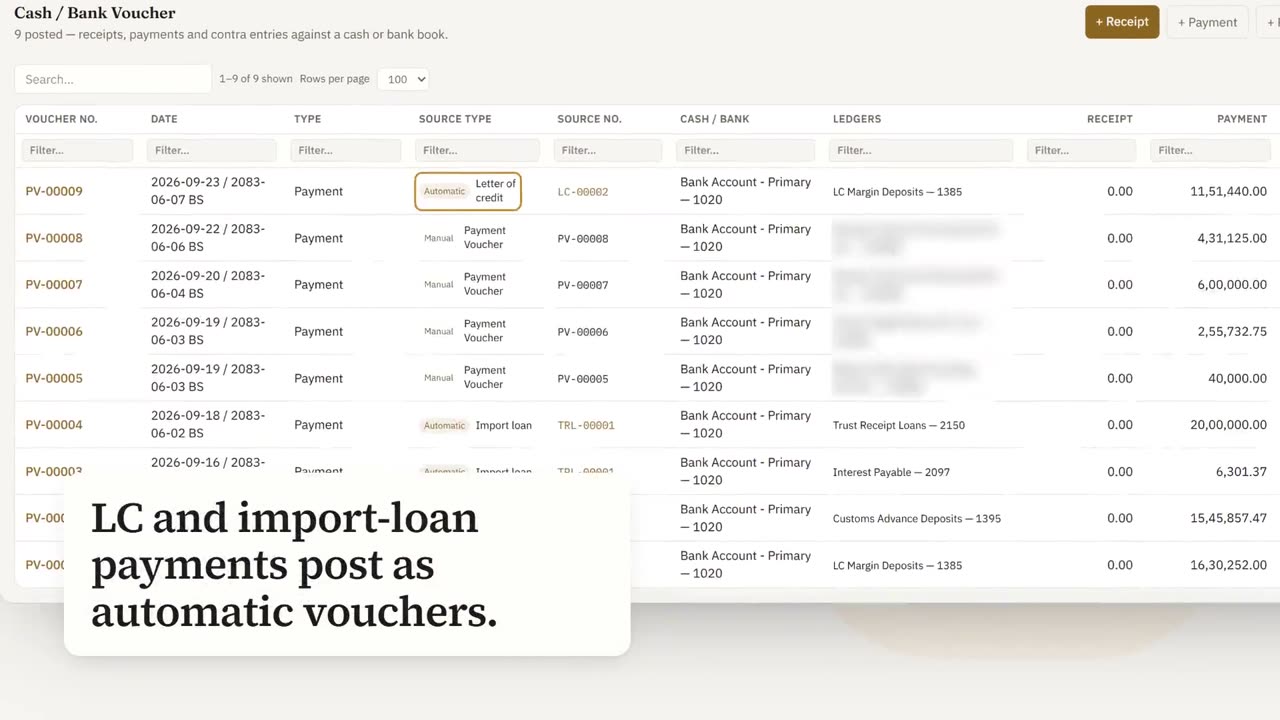 TiVora ERP Trial Balance showing Balanced, with vouchers, letters of credit and tax reports in the film