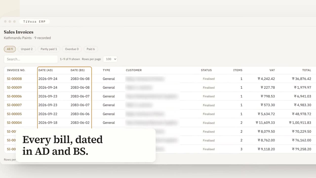TiVora ERP Sales Invoices list with dates in AD and BS, VAT and payment status